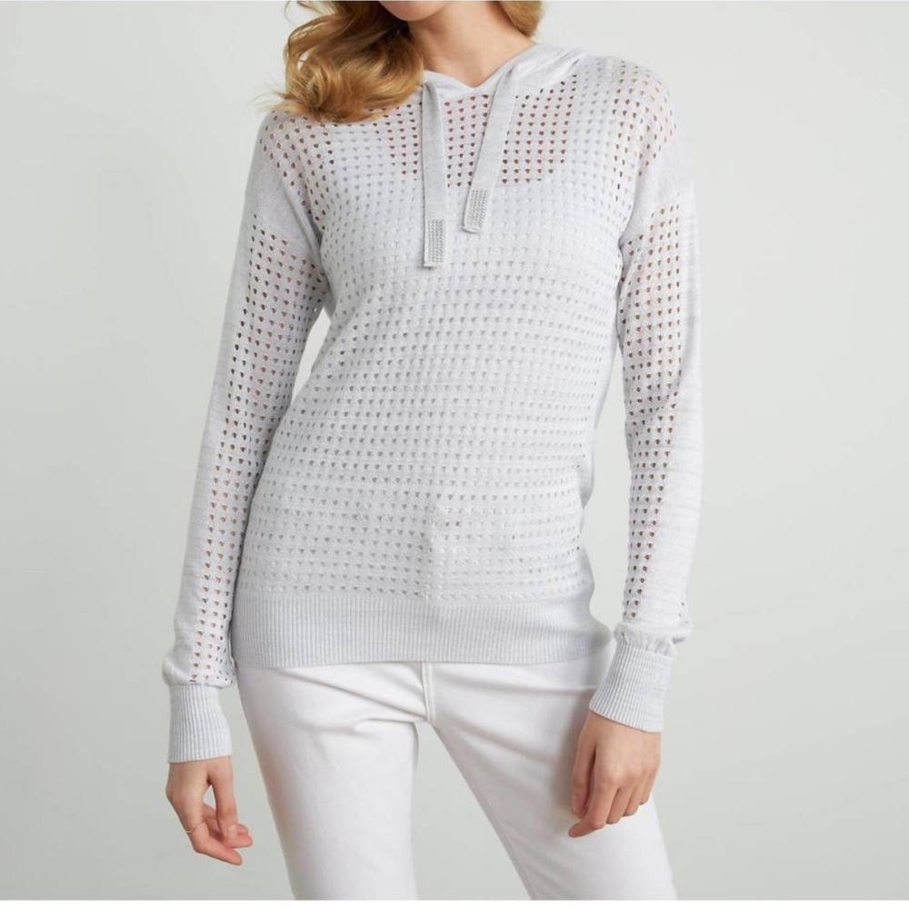 JOSEPH RIBKOFF Lurex Hoodie Gems Sparkle Open Knit‎ Ribbed Cuff Hem